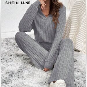 SHEIN Gray Ribbed Knit Wide Leg Jumpsuit